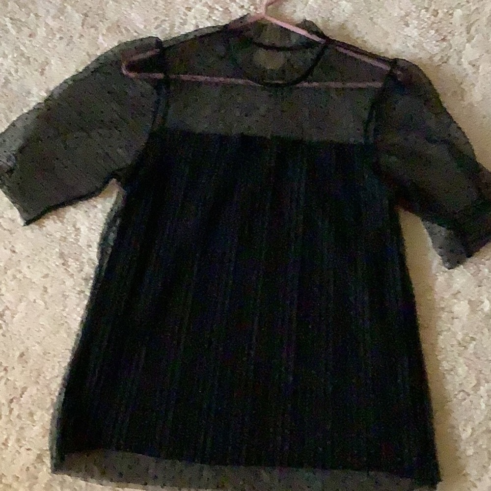 Ginger G Black Sheer Top w/Lining Polka Dot Embellishment Sz L, LIKE NEW